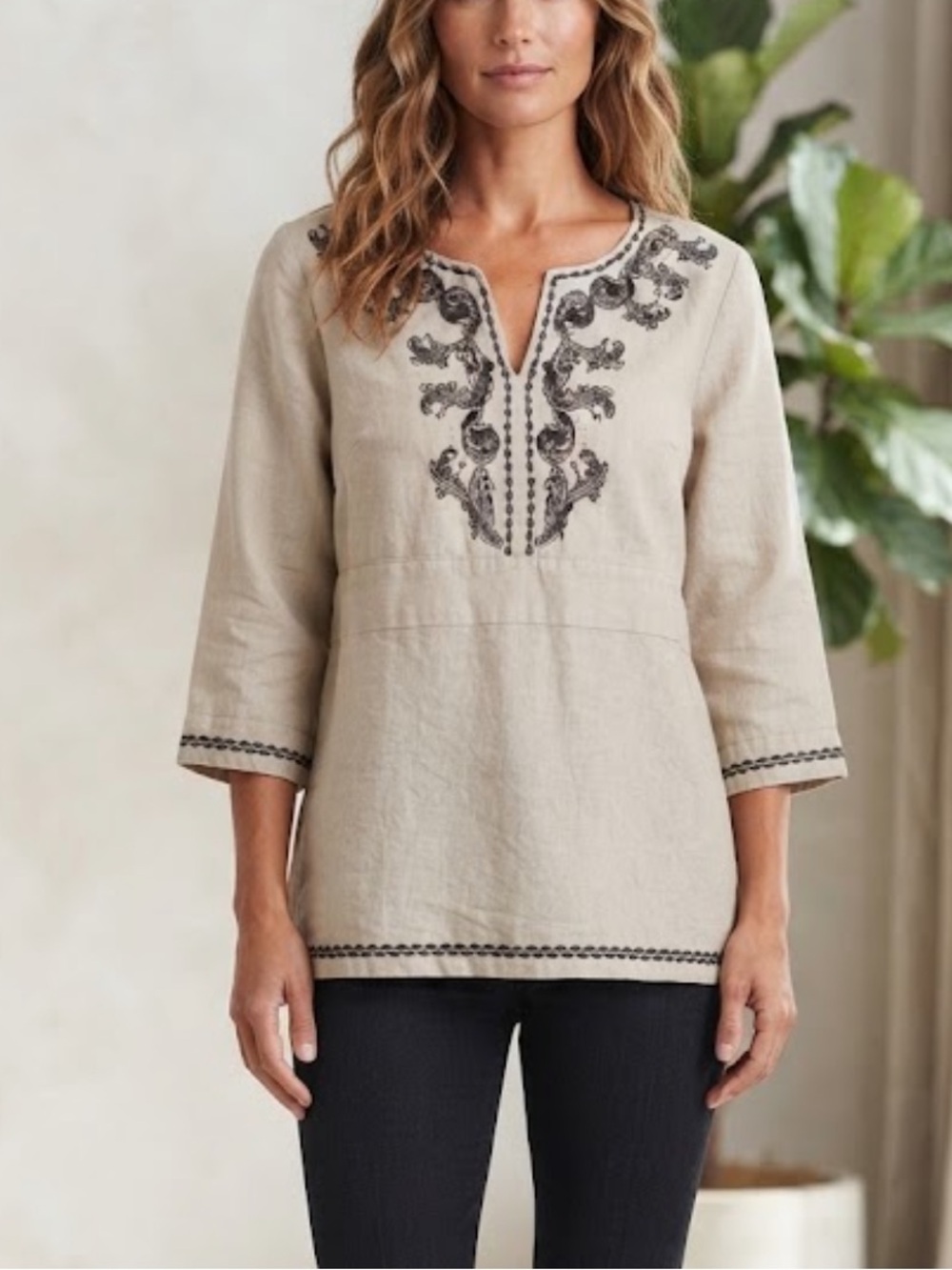 Vintage Linen Blend Embroidered Top